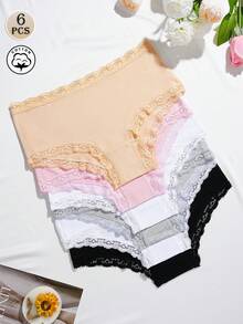 6件組棉質蕾絲飾邊甜美風純色女款三角內褲，適合日常穿著 - 彩色 - 查看 2