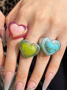 Cincin Hati Resin Warna-warni Gaya Harajuku Y2K Kreatif, Cocok Sebagai Hadiah Untuk Keluarga dan Teman - MultiWarna - View 13