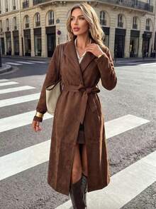 Ladies' Autumn Elegant Solid Color Collar Belt Long Sleeve Coat Office - Chocolate Brown - View 3