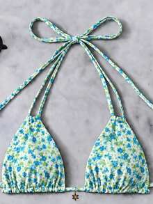 Elegant bikini set för damer med blommigt mönster och liten blomhängsmycke, 2 delar, vår/sommar - Multifärgad - Visa 4
