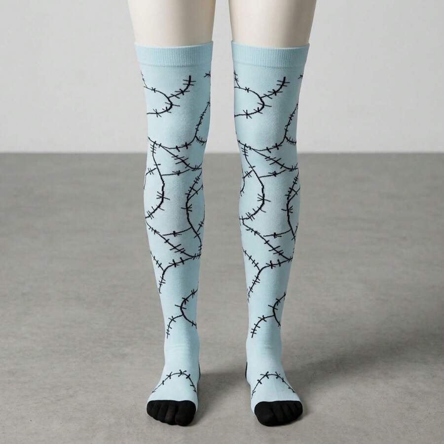 Calcetas Altas Sobre la Rodilla Diseño Costuras Franken stein / Sally Pesadilla Antes de Navidad en Azul Claro