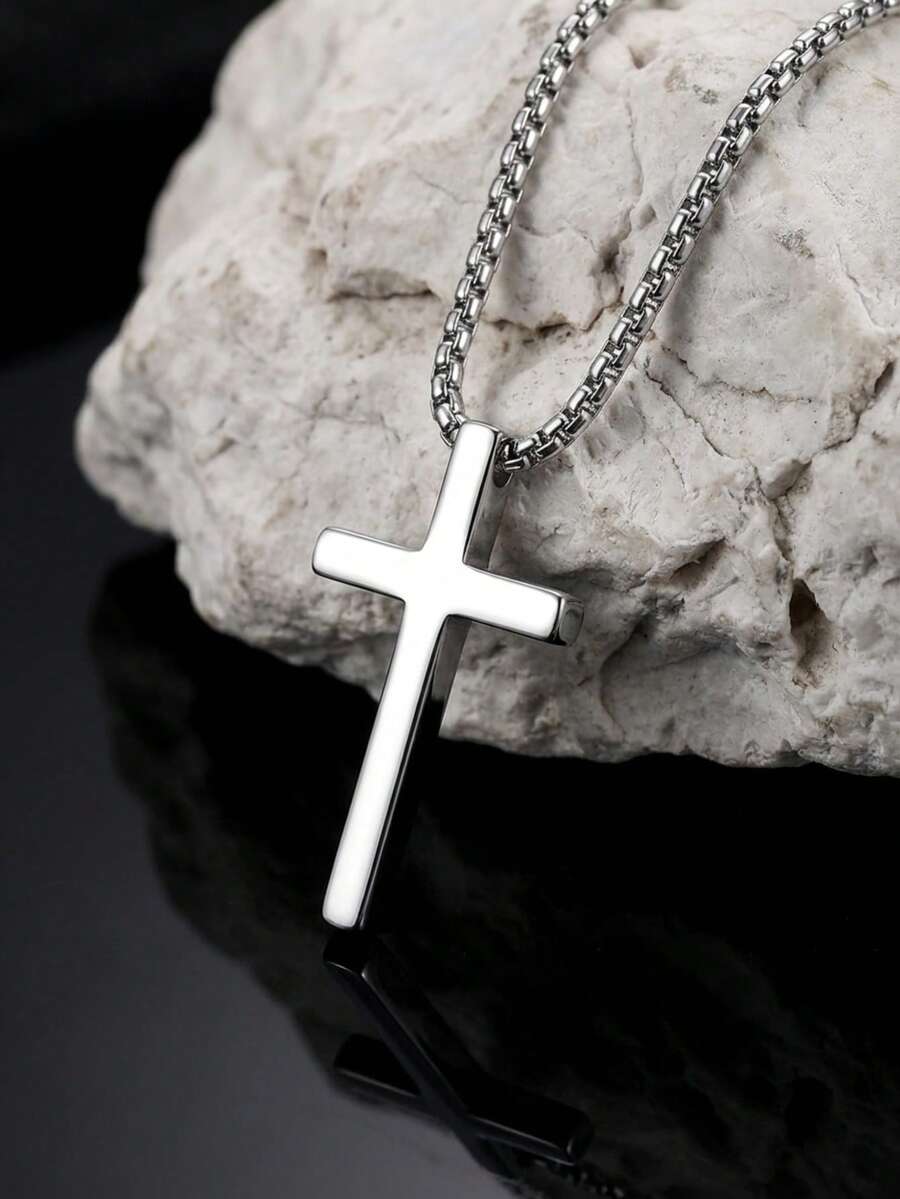 1 buah Kalung Liontin Salib Stainless Steel untuk Pria, Hadiah untuk Pria - warna baja - View 1