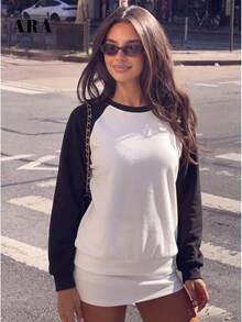 ARA CHIC Women's Autumn/Winter Raglan Sleeve Sweatshirt, Black And White Contrast Color Round Neck Long Sleeve Top, Loose Casual Pullover, Suitable For Daily Street And Date Outfits - Black and White - View 3