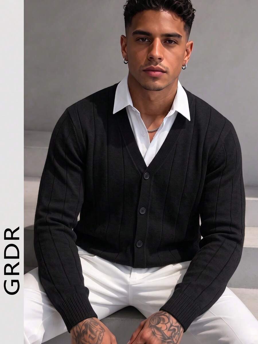 Men's Autumn/Winter Striped Slim Fit Regular Shoulder Cardigan Long Sleeve Sweater - Black - View 1