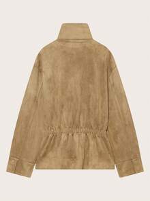 Women's Autumn/Winter Long Sleeve Stand Collar Belted Suede Texture Jacket - Khaki - View 4