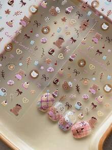 Cartoon Dessert Bear Nail Stickers, 3D Embossed Cake, Donut, Bow Cute Style Nail Decals - Multicolor - View 1