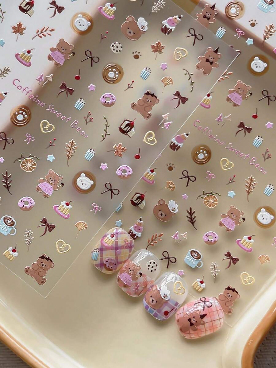 Cartoon Dessert Bear Nail Stickers, 3D Embossed Cake, Donut, Bow Cute Style Nail Decals - Multicolor - View 1
