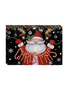 2/4/6Pcs Christmas Placemat, Black Background Santa Claus Candy Cane Print Linen Table Mat, Winter Holiday Table Decor For Dining Table, Farmhouse Xmas Party Kitchen Tabletop Decoration, Holiday Season Table Accessory - Black - View 10