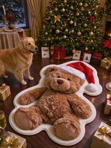 1pc, Christmas Brown Bear Shaped Rug, Realistic Teddy Bear Design, 2D Flat Print Holiday Bear Gift Pattern, Wild Animal Lover Bedroom, Seasonal Decorative Mat, With Holiday Design, Christmas Decoration, Perfect Christmas Gift, Perfect Match For Christmas And New Year Celebration, Decorative Rug, Bedroom Decor, Small Rug, Rug, Home Decor - Multicolor - View 2