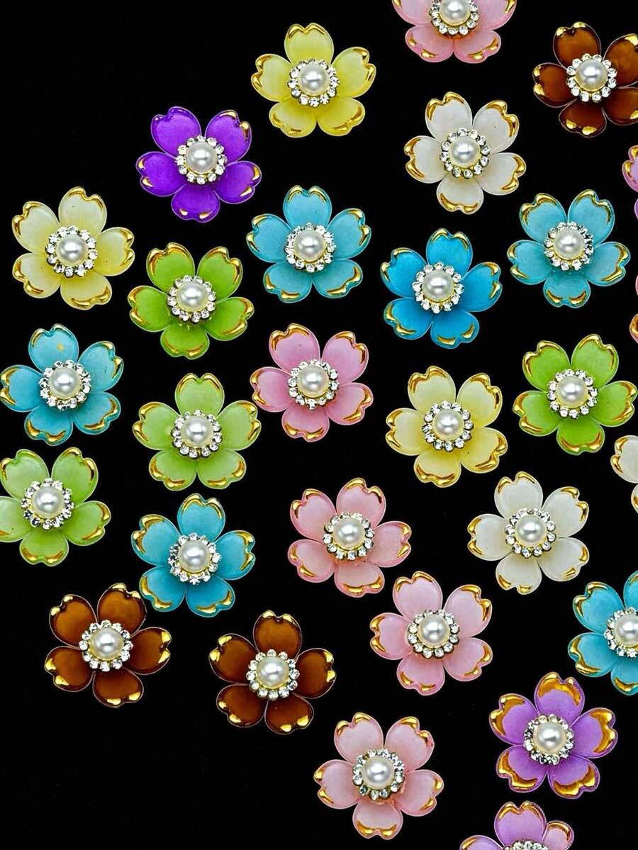 50pcs 18mm Gold-Edged Five-Petal Flowers, Flat Bottom DIY Decorative Accessories, Suitable For Evening Gowns, Bridal Dresses, Handbags, Hat Handmade Modification - Color Mixing - View 1