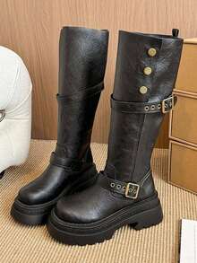 Autumn/Winter Round Toe Thick Sole High Shaft Riding Boots For Women, Double Buckle With Rivet Decor Vintage Western Style Long Fashion Boots - Black - View 7