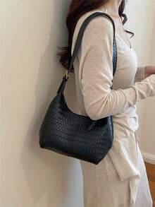 小眾設計紋理PU純色時尚極簡百搭軟面女款迷你腋下肩背包手提包 - 黑色 - 查看 3