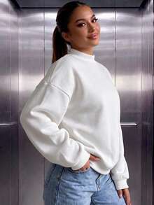 Women's Loose Fit Plus Size Long Solid Color Small Stand Collar Sweatshirt, Suitable For Winter And Spring, Wardrobe Essential, Daily Wear, Office Casual - White - View 3