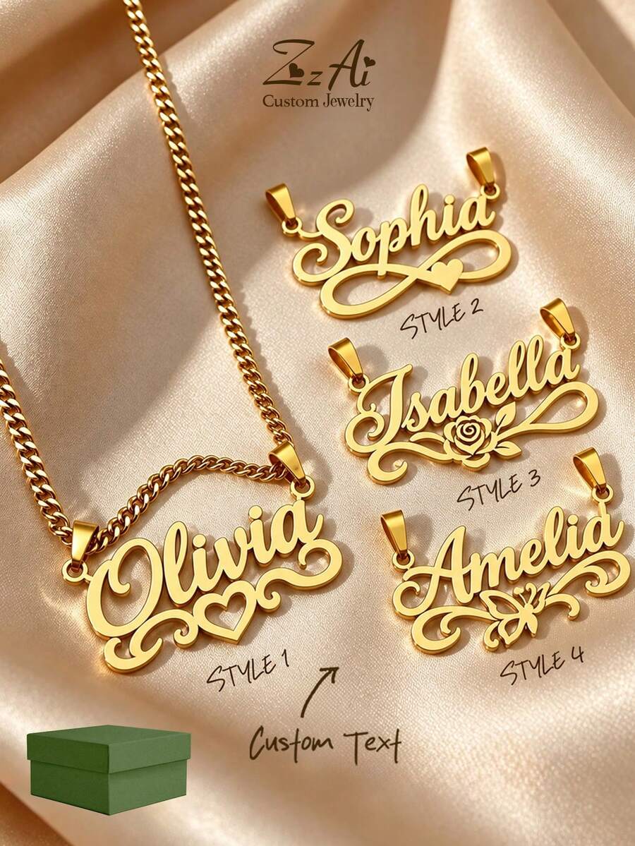[ZzAi Custom]Personalized Custom Necklace, Daily Wear Necklace, 18K Gold Stainless Steel Custom Jewelry, Hot-Selling Custom Text, Name, Christmas Gift - Multicolor - View 1