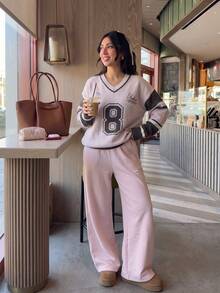 JustMiss 女款V領套頭長袖休閒學院通勤數位圖案粗針織毛衣上衣，秋冬款 - 粉色 - 查看 5