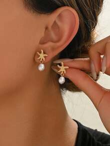 Minimalist Starfish & Faux Pearl Beach Style Tassel Metal Earrings, Suitable For Women Beach Travel & Vacation Wear - Gold - View 2