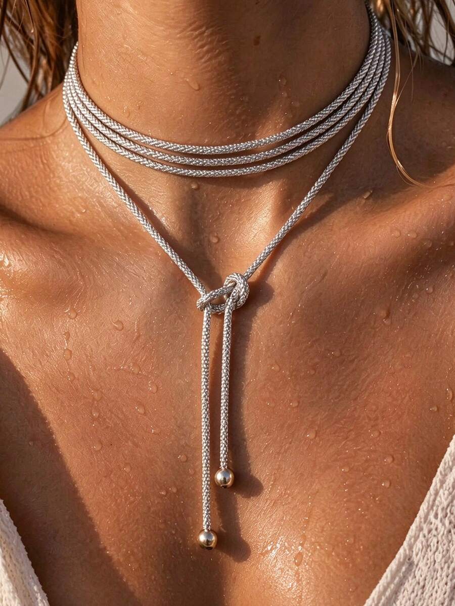 1pc Fashion Minimalist Elegant Exquisite Vintage Design Geometric Beaded Shimmering Multi-Layer Wrapped Metal Style Minimalist Plain Long Necklace Jewelry Women's Necklace Gift For Mom Christmas Gift Christmas Stocking Stuffer - Silver - View 1