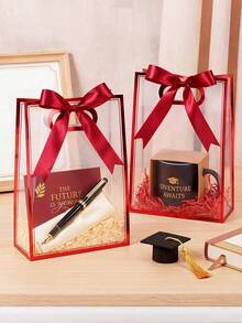 1/2/4pcs Red Frame Transparent Plastic Gift Bags, With Perforated Handle, Reusable PP Gift Bags, With Ribbon, Suitable For Graduation, Wedding, Bridal, Birthday, Baby Shower, Small Business - Multicolor - View 2