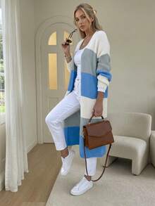 Autumn/Winter New Fashion Casual Colorblock Striped Long Sleeve Knit Cardigan For Women Fall - Blue - View 1