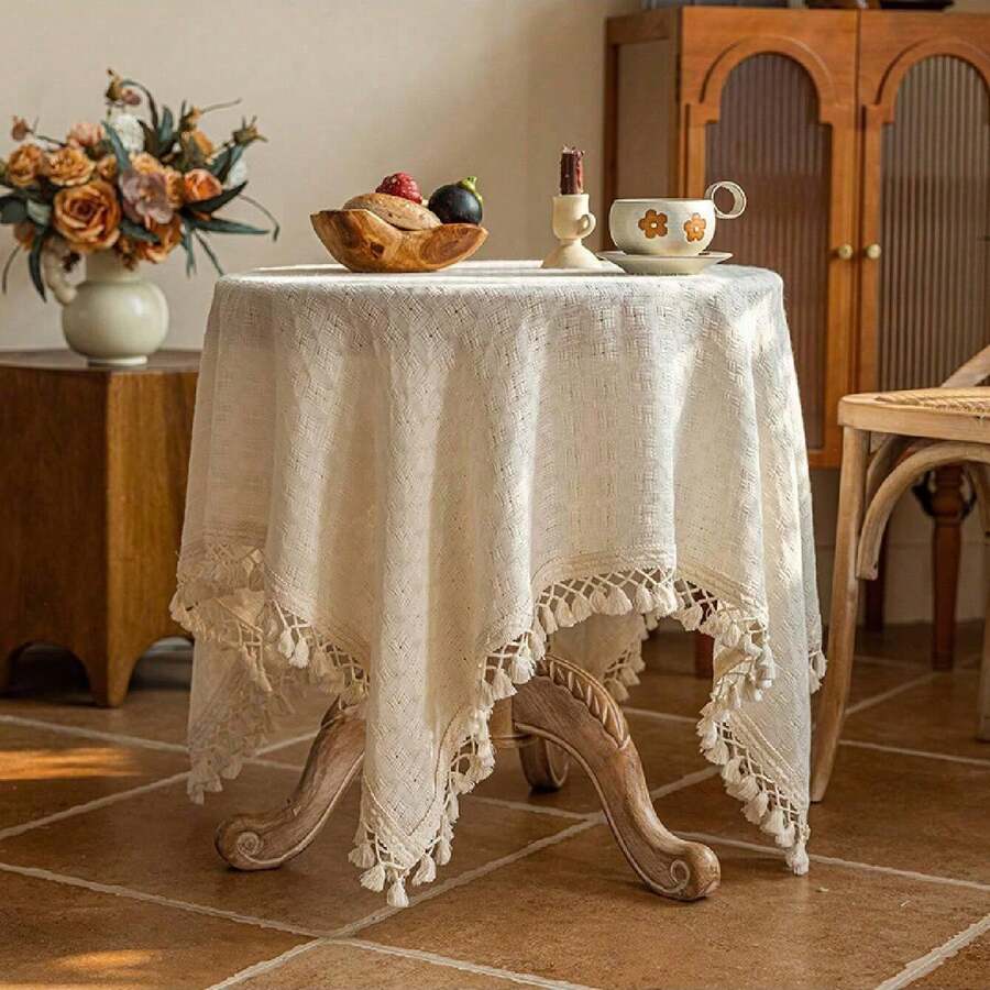 1pc Japanese-Style Beige Tassel Round Table Cloth, Modern Luxurious Circular Coffee Table Cloth - Beige - View 1