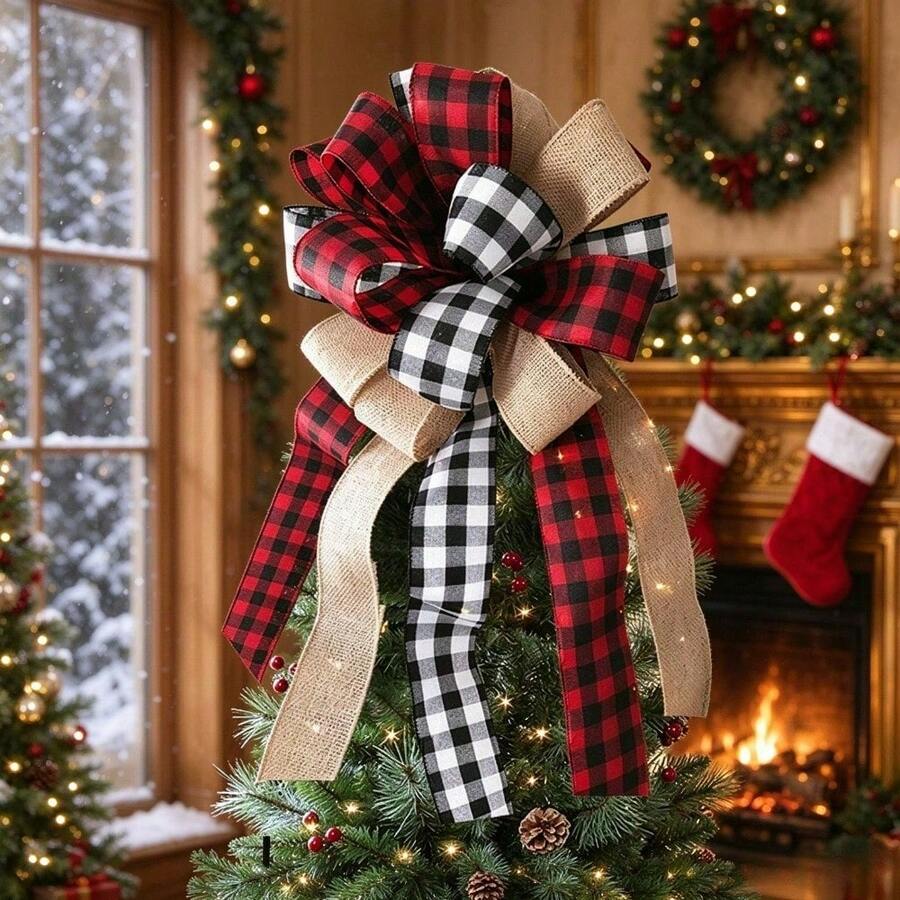 1pc Extra Large Handmade Christmas Tree Topper, Buffalo Plaid Red & Black Linen Bow Decor, Christmas Tree Decoration, Rustic Farmhouse Style Christmas Decor Home Decoration DIY Christmas Wreath Bow Accessory - View 1