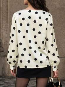 minisummer Women Fall Polka Dot Blouse V‑Neck Puff Long Sleeve Casual Office Work Shirt Top - Apricot - View 3