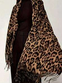 1pc Winter Lazy Animal Print Elegant & Atmospheric Warm Thick Leopard Print Scarf - Khaki - View 3