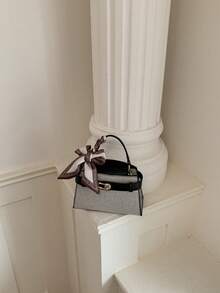 Women's Mini Handbag White Woven Texture Purse With Silk Scarf And Gold Lock, Elegant Lady Style, Suitable For Tea Party, Wedding And Daily Fashion - Black - View 7
