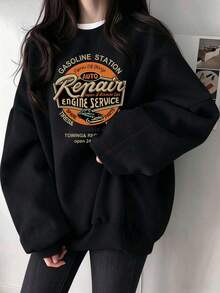 Vintage Stamp Style Round English Slogan "THE DARKNESS IS NO DARKNESS" Print Black Crew Neck Sweatshirt Autumn Top - Black - View 11