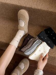 5 Pairs Thick Floral Pattern Coffee Brown Mid-Calf Socks, Elegant Soft And Comfortable, Suitable For Autumn/Winter - Multicolor - View 6