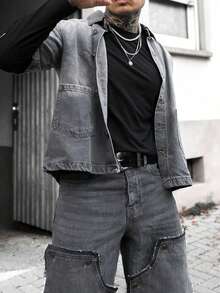 Men's Fashionable Personalized Retro Short Sleeve Denim Shirt - Dark Grey - View 2