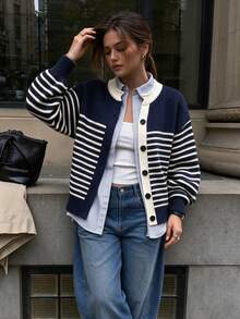 Fall/Winter Elegant Casual Preppy Striped Cardigan Sweater Blouse For Women - Navy Blue - View 5