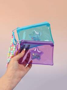 1pc Fashionable Teen Summer Beach Transparent Coin Purse, Starry Quicksand Colorful Small Bag With Pendant Zipper Wallet - Multicolor - View 3