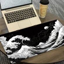 1pc Extra Large Japanese Black Wave Gaming Mouse Pad - Ergonomic Design, Non-Slip Rubber Base, Artistic Japanese Landscape Pattern, Suitable For Computer And Tablet, Durable, Smooth Surface, Computer Mouse Pad | Artistic Mouse Pad | Durable Mouse Pad, Large Mouse Pad - Multi-color - View 3