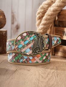 1pc American Western Style Colorful Patchwork Large Buckle Belt, Men's And Women's Unisex PU Leather Contrast Color Belt - BH1261 - View 14