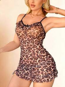 Camisola Sexy Feminina com Estampa de Leopardo, Roupa de Dormir Transparente com Laço e Costas Abertas, Decote em V com Babados Franzidos, Roupa de Casa para Outono - Marrom Claro - Visão 4