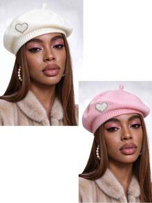 Merlader Style Beret For Women, Autumn And Winter, Heart Pearl Knit Beret Hat, Japanese Retro, Versatile, Face-Slimming, Octagonal Hat, Pumpkin Hat - Multicolor - View 28