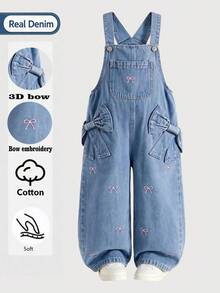 1pc Girls' Bow Embroidery Denim Overalls, 3D Bow Design Loose Straight Leg Pants, Cute Fashion Outfit - Medium Wash - View 1