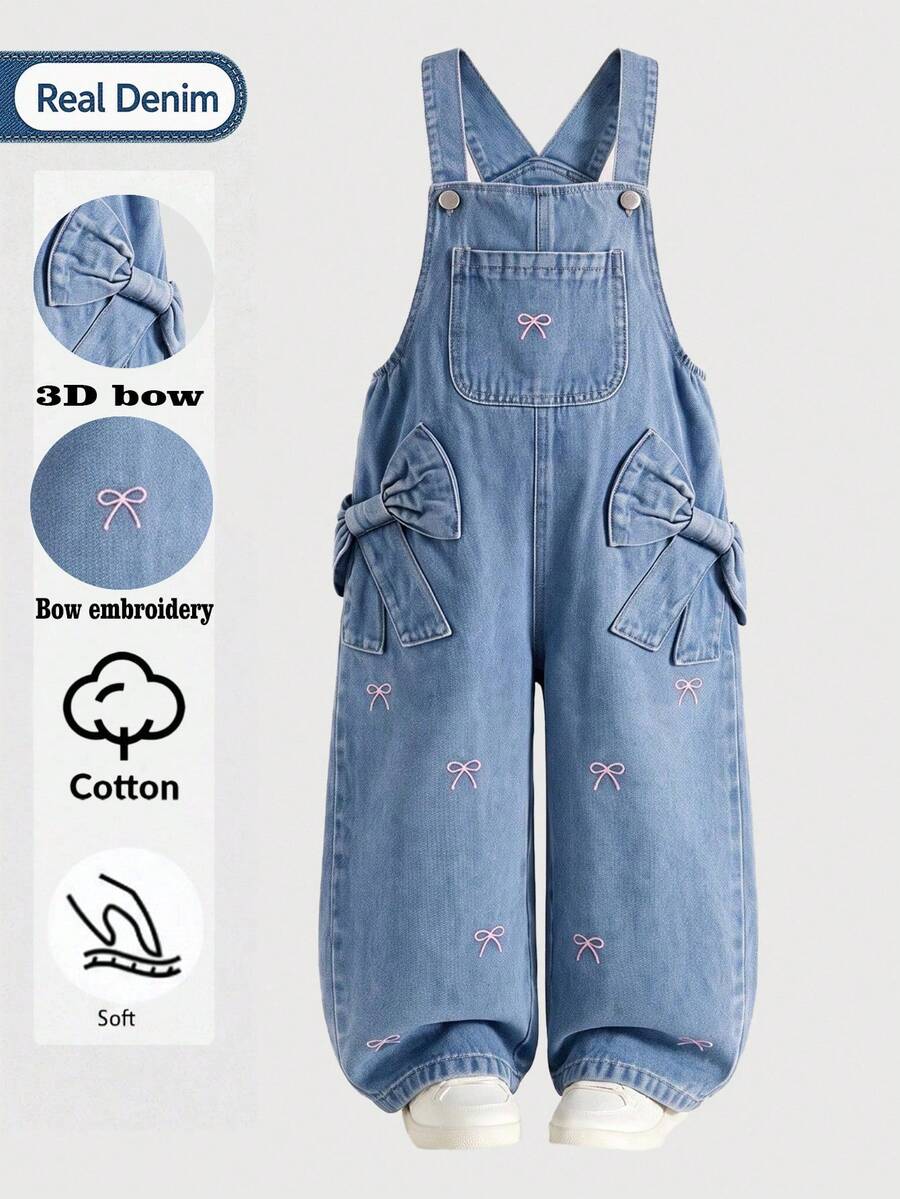 1pc Girls' Bow Embroidery Denim Overalls, 3D Bow Design Loose Straight Leg Pants, Cute Fashion Outfit - Medium Wash - View 1