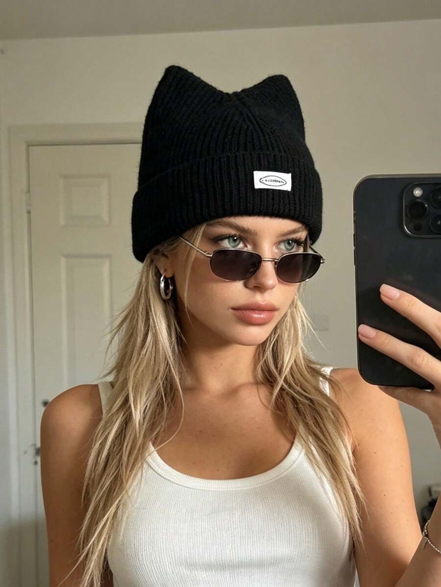 1pc Women's Y2K 3D Cat Ear Knit Hat, Men's Hip Hop Folded Brim Beanie, Soft Yarn Hat, Suitable For Daily Street Punk Style - Multicolor 1 - View 1