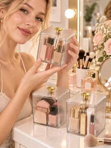 Clear Acrylic Box Jewelry Cosmetic Storage For Women Makeup Organizer Pad Lipstick Earring Ring Desktop Vanity Countertop Elegant Transparent Home Storage Container For Dressing Table Room Home Bathroom Kitchen Decor Travel Essentials Accessories - Multicolor - View 10