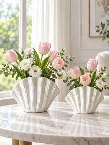1pc White Shell-Shaped Vase, Ribbed Fan Seashell Flower Vase, Nordic Minimalist Living Room Table Decor - Shell - View 6