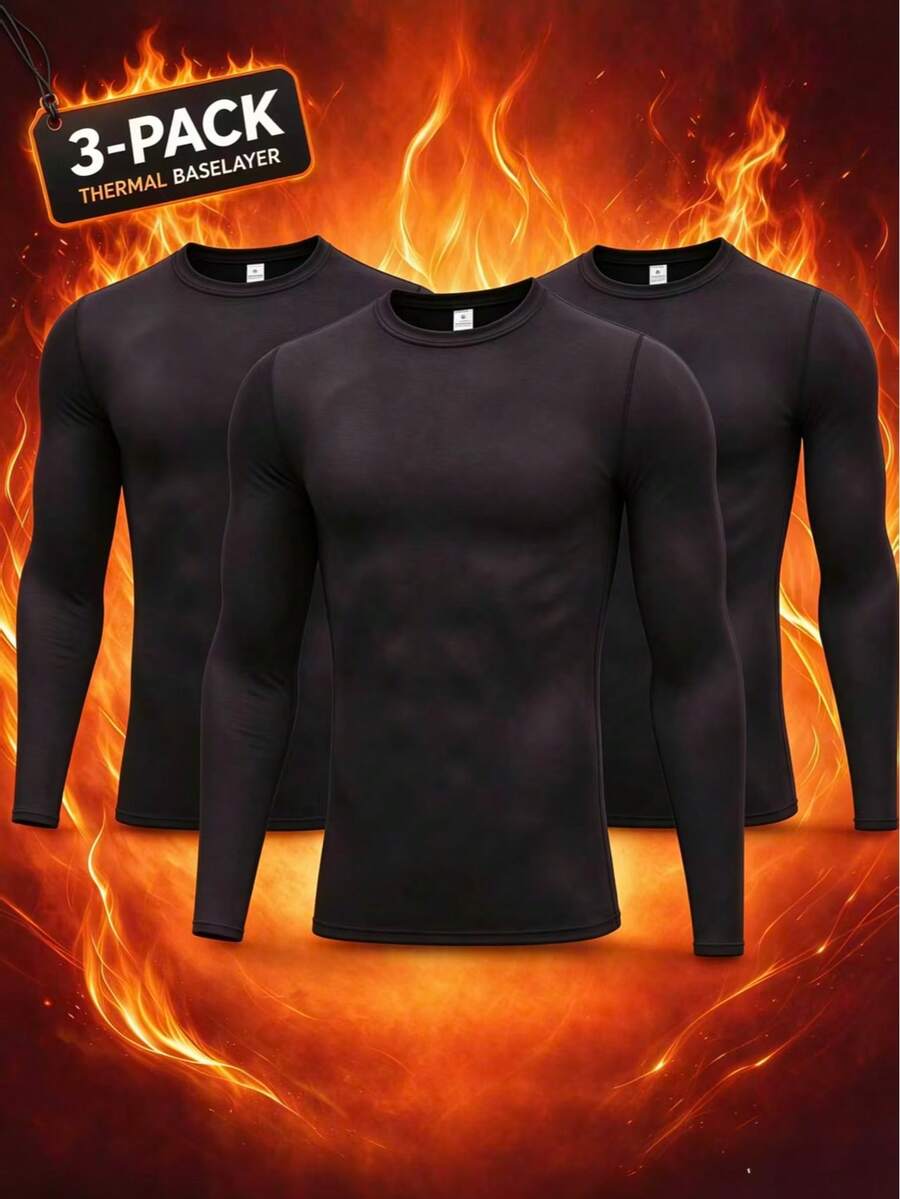 3pcs/Set Men's Black Thermal Underwear Tops, Skin-Tight Heat Retention, Comfortable High Elasticity, Cold-Resistant Warmth, Suitable For Home Sleepwear Or Outdoor Layering, Perfect Winter Gift
