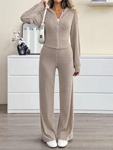 Women's Loose Ribbed Hooded Long Sleeved Top And Wide Leg Pants Two Pieces Set For Autumn And Winter, Suitable For Casual Wear And Daily Commuting. - Light Apricot - View 5