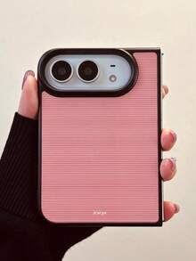 Minimalist Striped Pattern Shockproof Pink Phone Case, Compatible With IPhone Duo 18 Ultra Fold, Black Frame Hard Shell Protective Cover - Pink - View 2