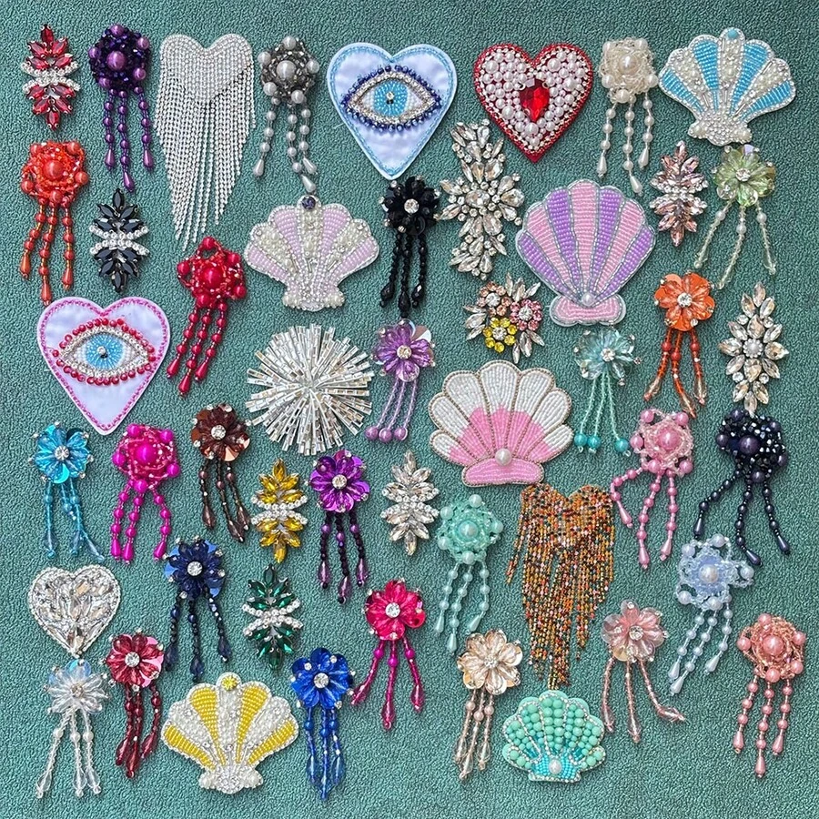 6-14pcs/Set Handmade Beaded Crystal Flower Applique Patch, Clothing Repair Accessories, DIY Decoration For Clothes, Bags, Shoes, Hats, Brooch, Random Color And Pattern, Sewing Required - Hand-beaded Style - View 1