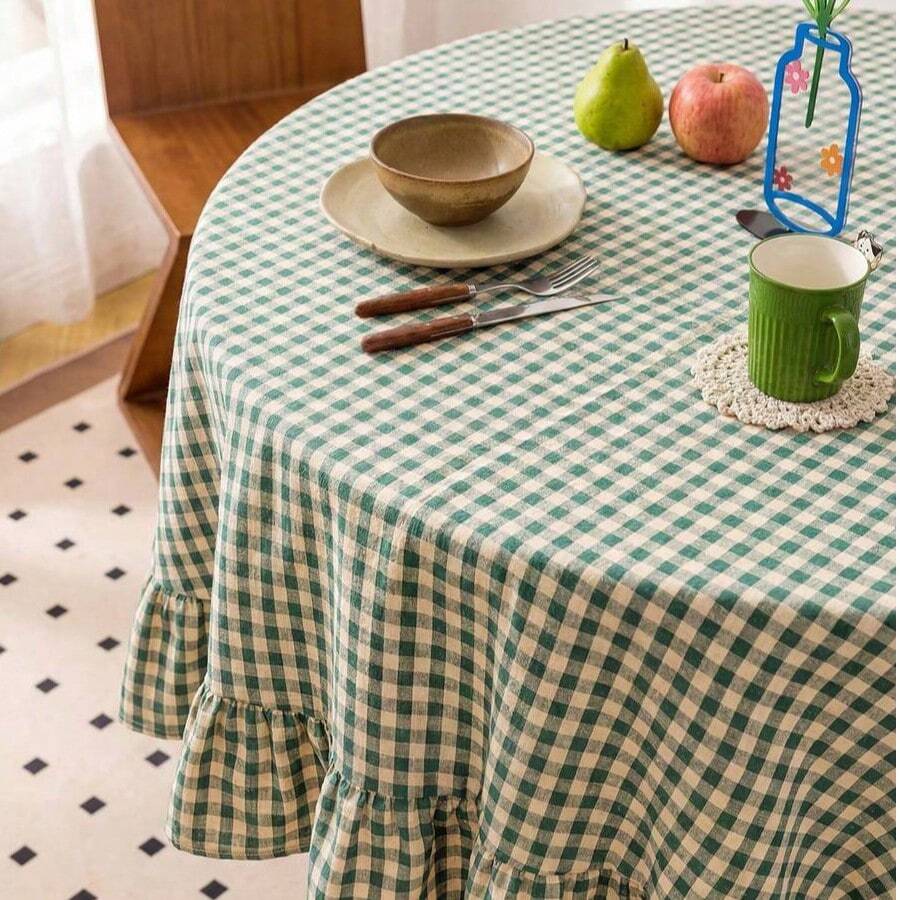 1pc Vintage Ins Style Artistic Dark Green Plaid Ruffle Round Tablecloth, Pleated Hem Lace Tablecloth For Home Dining Room Table Decoration - Green - View 1