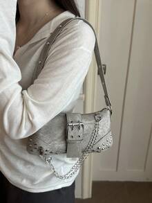 Women's Buckle Baguette Bag, Solid Color Casual, Shopping Commuting Handbag - Grey - View 2