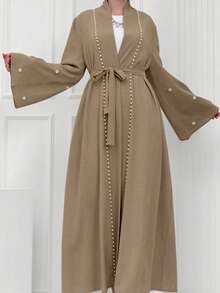 Women's Pearl Beaded Open Front Abaya, Long Flare Sleeve Belted Maxi Outerwear, Elegant Modest Long Robe - Multicolor - View 26
