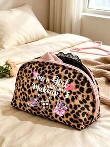 Leopard Print Cosmetic Storage Bag, Leopard Print Bra Storage Bag, Printed With Cartoon Makeup Tool Pattern, Portable Travel Multi-Functional Cosmetic Organizer, Partitioned Makeup Bag, Cosmetic And Toiletries Organizer Bag, Zipper Makeup Bag, Perfect Gift For Organizing Cosmetics And Underwear For Birthday, Halloween, Ramadan, Christmas - Multicolor - View 4